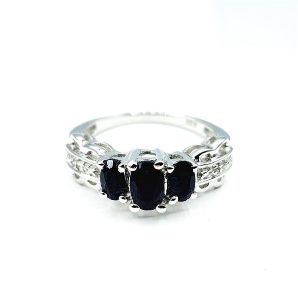 .925 Sterling Silver Ring,Size 7.25, Three Oval Cut Natural Blue Saphires = 1.114ct. Appraisal: $15.