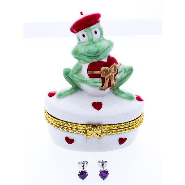 Fine Porcelain Frog w/ Heart Jewelery Box- Plus Pair of Stud Earrings