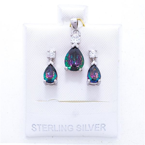 925 Sterling Silver Pear Shape Genuine Mystic Topaz, Earring & Pendant Set.