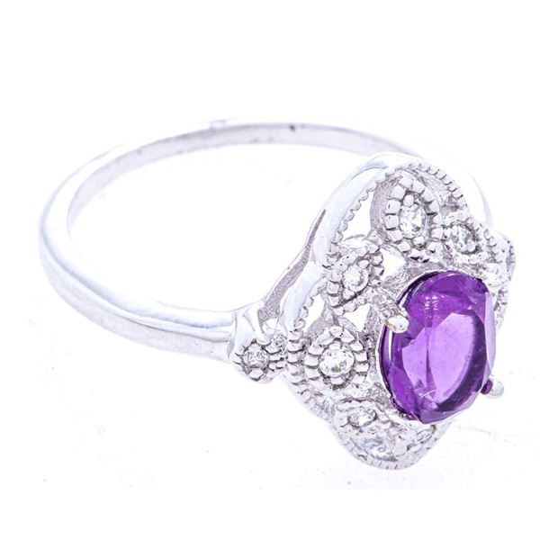 925 Sterling Silver Ring, Size 7, Genuine 1ct. Oval Cut Amethyst +CZ