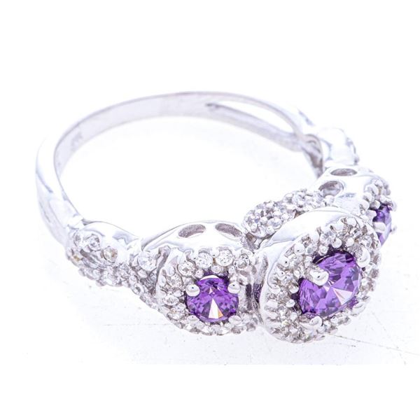 925 Sterling Silver Ring, Size 8, 3 Amethyst & CZ