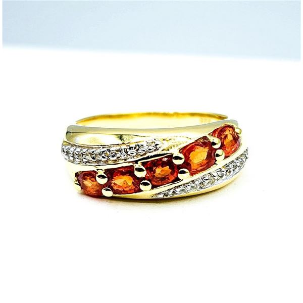 .925 Sterling Silver  Gold Tone Ring Size 7 - Five Natural Orange Saphires & Four Natural White Saph
