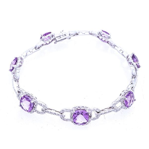 925 Sterling Silver Bracelet, 7 Genuine Amethysts =9.45ct & 2 Diamonds.  Appraisal $725.00