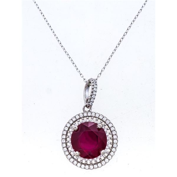 925 Sterling Silver Pendant & chain,4.66ct Round Ruby w/Halo of CZ's. 4.66ct TW Appraisal $1050.00
