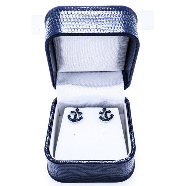 925 Sterling Silver Diamond Achor Stud Earrings, 18 RB Cut Treated Diamonds = .08ct. Appraisal:$745.