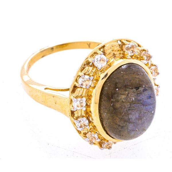 925 Sterling Silver/GP Ring,Genuine Oval Labradonite & White Topaz