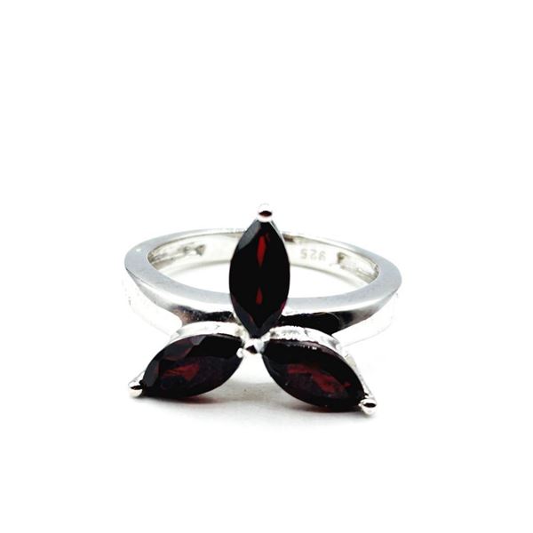 .925 Sterling Silver Ring, Size 6.5, Three Marquis Cut Natural Pyrope Garnets = 1.86ct TW. Appraisal