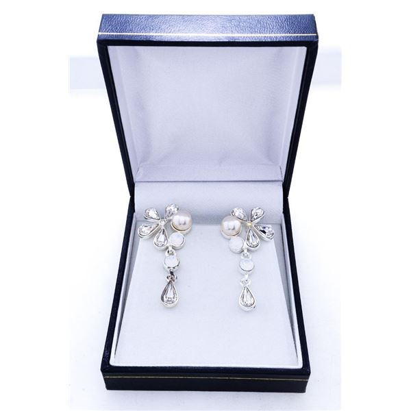 Designer "MM" Crystal Fancy Drop Earrings, Opalites & Pear Cut Bezel Set Swarovski Elements.