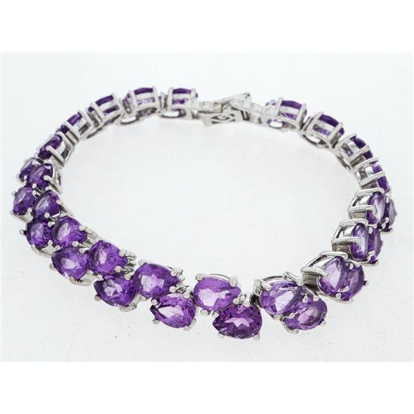 925 Sterling Silver Bracelet, 38 Oval Cut Genuine Amethysts