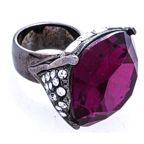 Custom Designer Ring,Black Gold Over/Silver Cushion Cut Fuscia Swarovski Crystal w/ Bead Set Sides &