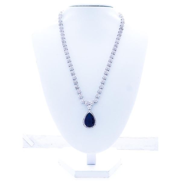 MM Designer Necklace -Tennis Style Necklace w. Swarovski Elements & Pear Cut Sapphire blue Pendant