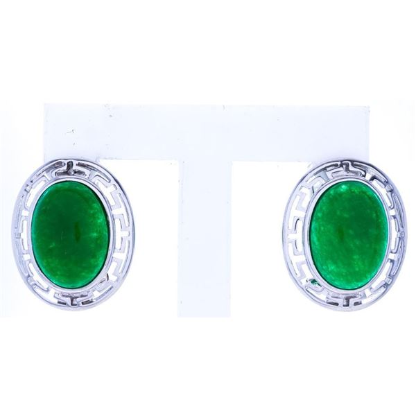 925 Sterling Silver Earrings, 2 Oval Shape Jadeite = 7.95ct.