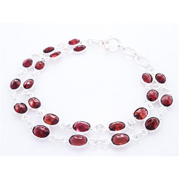 925 Sterling Silver Bracelet, Double Row Bezel Set Genuine Oval Cut Garnets