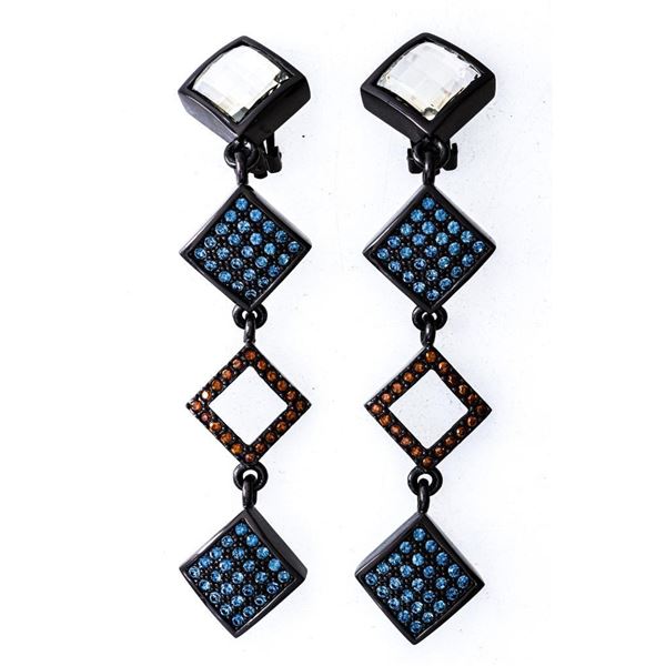 Designer "MM" 4 Tier Drop Earrings, Square Links set w/ Swarovski Elements, Antique Black Gold w/Cli