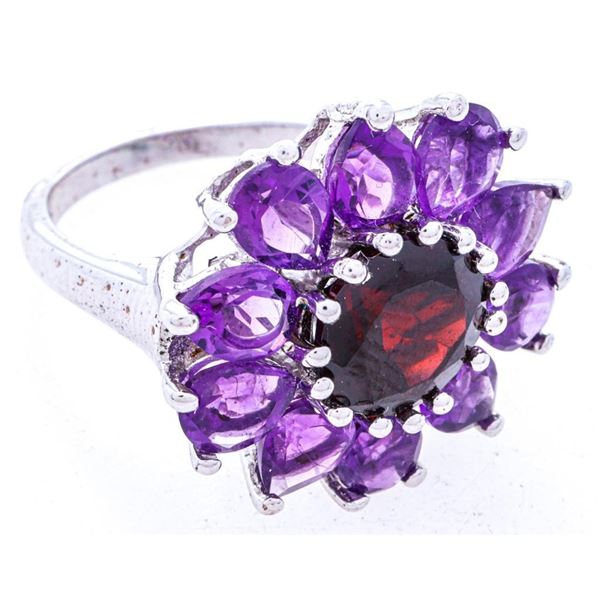 925 Sterling Silver Fancy Amethyst Ring, 4cts. Pear Cut Genuine Amethysts