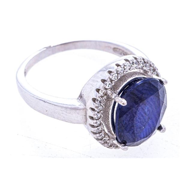 925 Sterling Silver Ring, Size 6.5,  Genuine 3.15 cts. Oval Blue Saphire w/ Halo