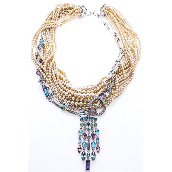 Designer  MM  Multi Strand Pearl & Fancy Cut Swarovski Elements Necklace, Hand Made in USA, One of A