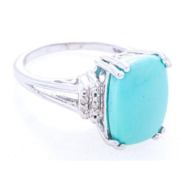 925 Sterling Silver Ring, 6 Diamonds & Rectangular Turquoise