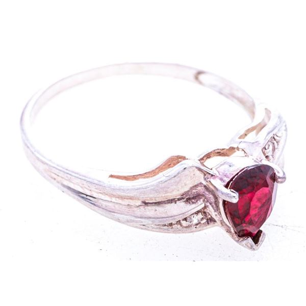 925 Sterling Silver Pear Cut ruby & Diamond Ring, Size 7