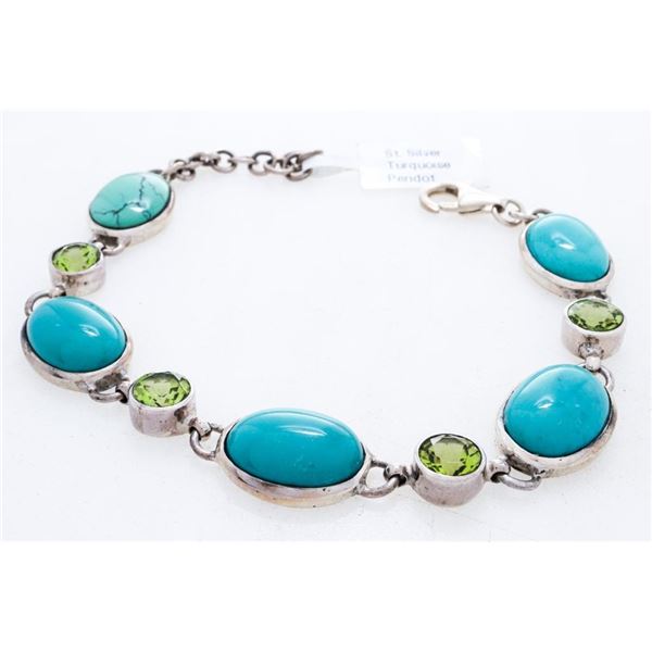 925 Sterling Silver Bracelet, Oval Turquoise Peridots