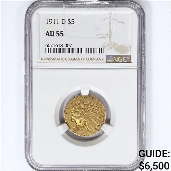 1911-D $5 Gold Half Eagle NGC AU55