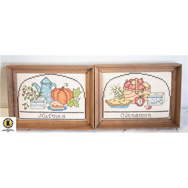 VINTAGE FRAMED CROSS STITCH- (SET OF 2) 8" X 6"