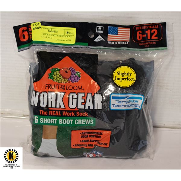 BLACK SHORT BOOT CREW SOCKS 6-12 SIZE 6-PACK