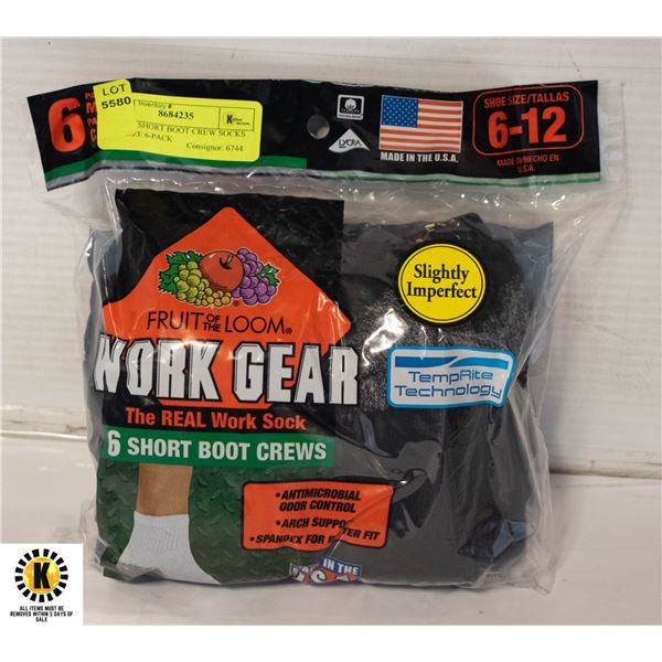 BLACK SHORT BOOT CREW SOCKS 6-12 SIZE 6-PACK