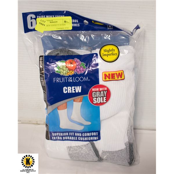WHITE CREW SOCKS 12-16 SIZE 6-PACK