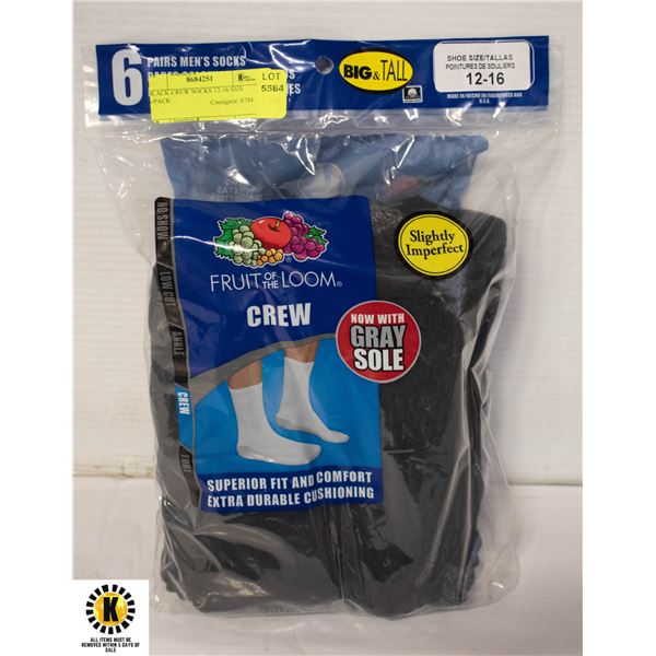 BLACK CREW SOCKS 12-16 SIZE 6-PACK