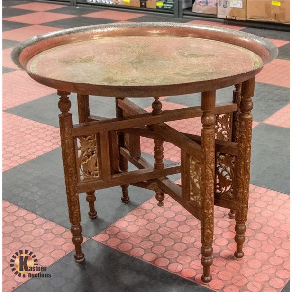 ANTIQUE CARVED BRASS TRAY TOP & WOOD TABLE