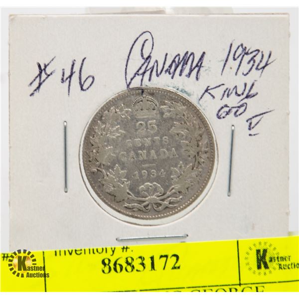 1934 CANADIAN KING GEORGE SILVER QUARTER