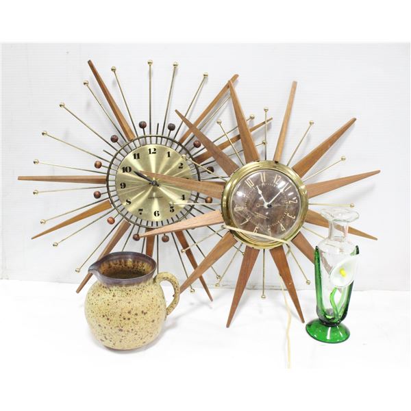 MID CENTURY LOT - 2 STARBURST CLOCKS, HAND BLOWN