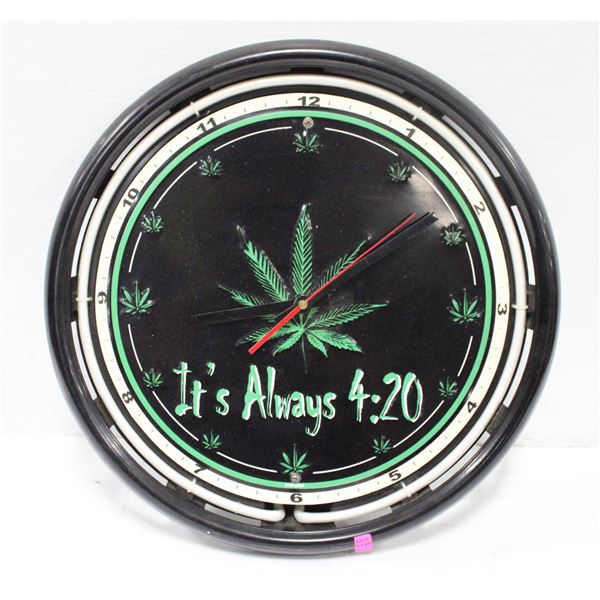 VINTAGE "ITS ALWAYS 4:20" NEON CLOCK. KEEPS TIME