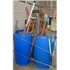 Image 1 : (S11) Qty 2 Plastic Drums w/ Misc Landscape Tools, Brooms, Rakes, etc
