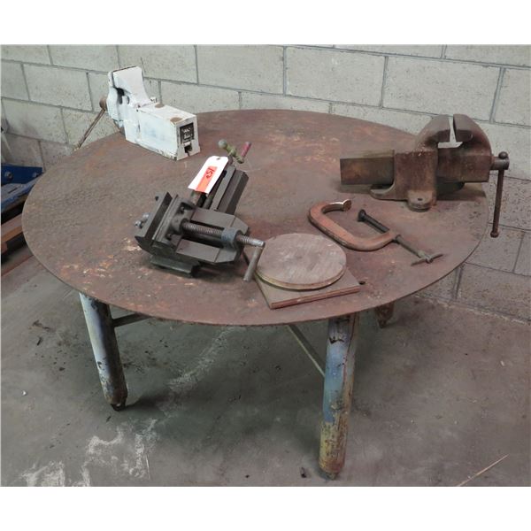 (S12) Round Metal Table 54"dia, 30"H, w/ Misc Clamps 