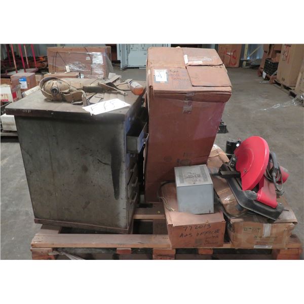 (S16) Contents of Pallet:  JIG-355 Cut-Off Machine, MorningStar Sure Sine 300 Inverter, etc