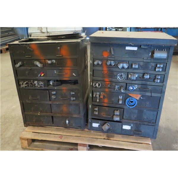 (S11) Qty 2 Metal Cabinets w/ Contents: Pipe Fittings, Elbows, Clamps, Hardware, etc