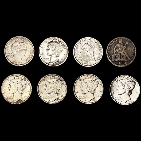 (8) Varied US Silver Dimes (1869, 1891-S, 1901-O,