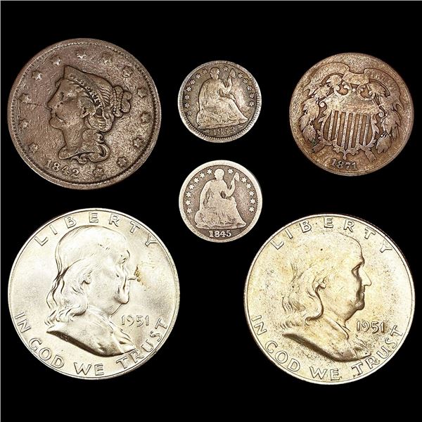 (4) Varied US Coins (1842, (2) 1951-D, 1871) HIGH