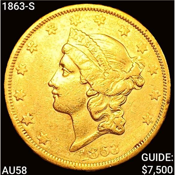 1863-S $20 Gold Double Eagle CHOICE AU
