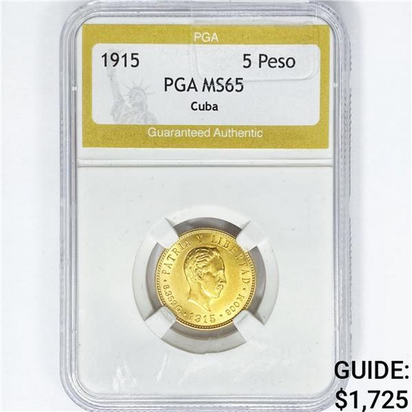 1915 Cuba 5 Peso .2419oz Gold PGA MS65