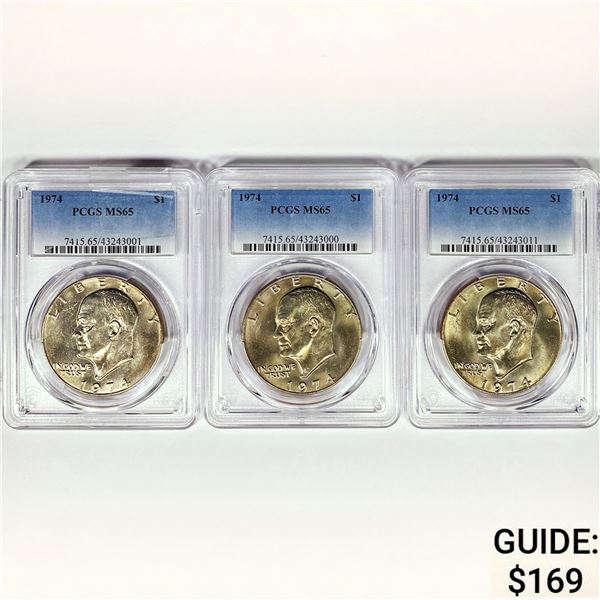 1974 Set (3) Eisenhower Silver Dollars PCGS MS65