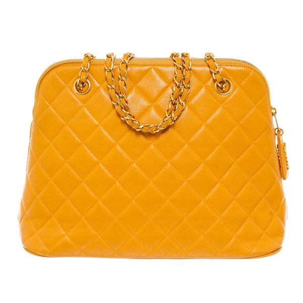 Chanel Vintage Yellow Caviarskin Leather Matelasse Chain Shoulder Bag