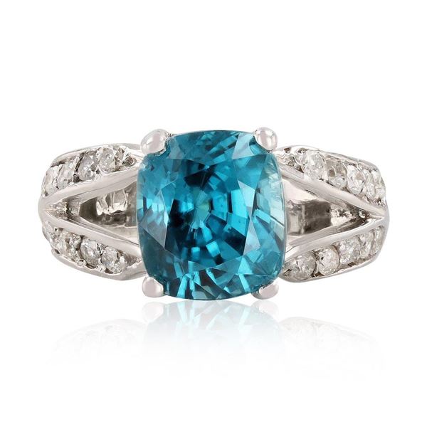 7.09 ctw Blue Zircon and 0.30 ctw Diamond 14K White Gold Ring