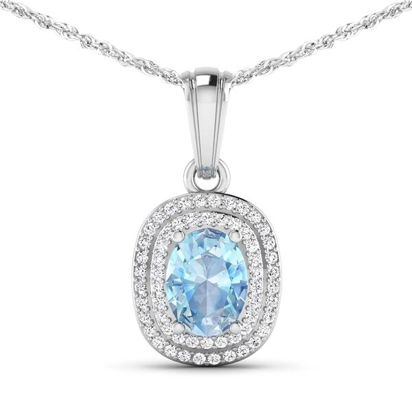 14KT White Gold 0.96ct Aquamarine and Diamond Pendant with Chain