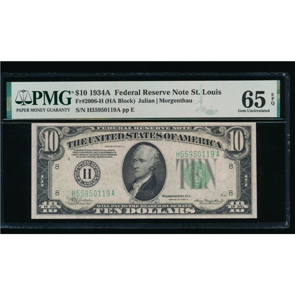 1934A $10 St Louis FRN PMG 65EPQ