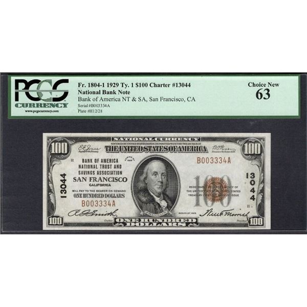 1929 $100 San Francisco National PCGS 63