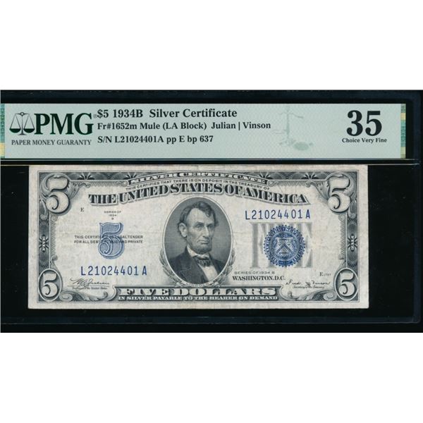 1934B $5 Mule Silver Certificate PMG 35