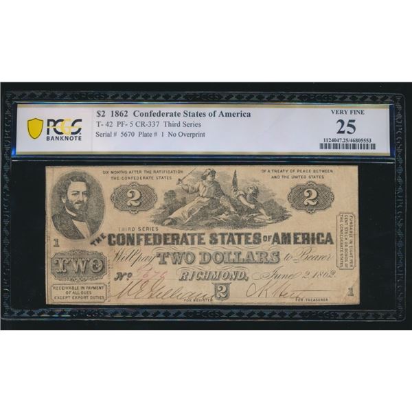 1862 $2 T-42 Confederate PCGS 25